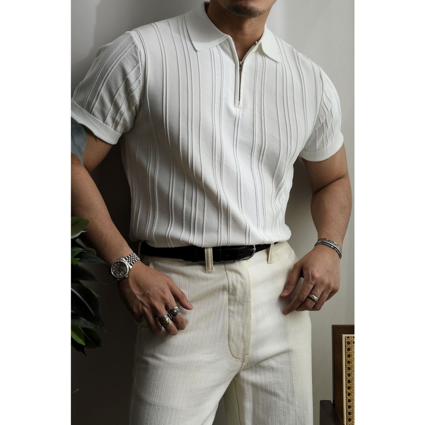 Zipper Knitted Short-sleeved Polo Shirt Men's Loose Lapels T-shirt