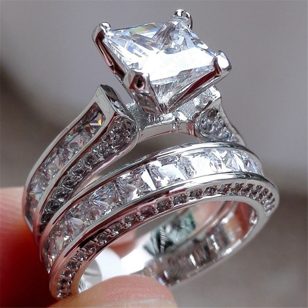 Silver Princess Cut CZ Anniversary, Promise, Wedding, Engagement Ring Set