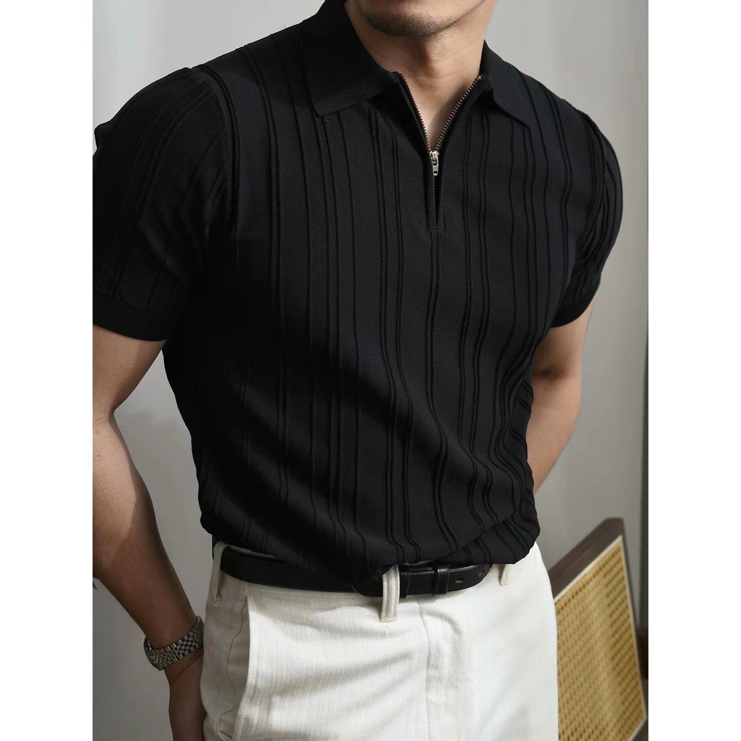 Zipper Knitted Short-sleeved Polo Shirt Men's Loose Lapels T-shirt