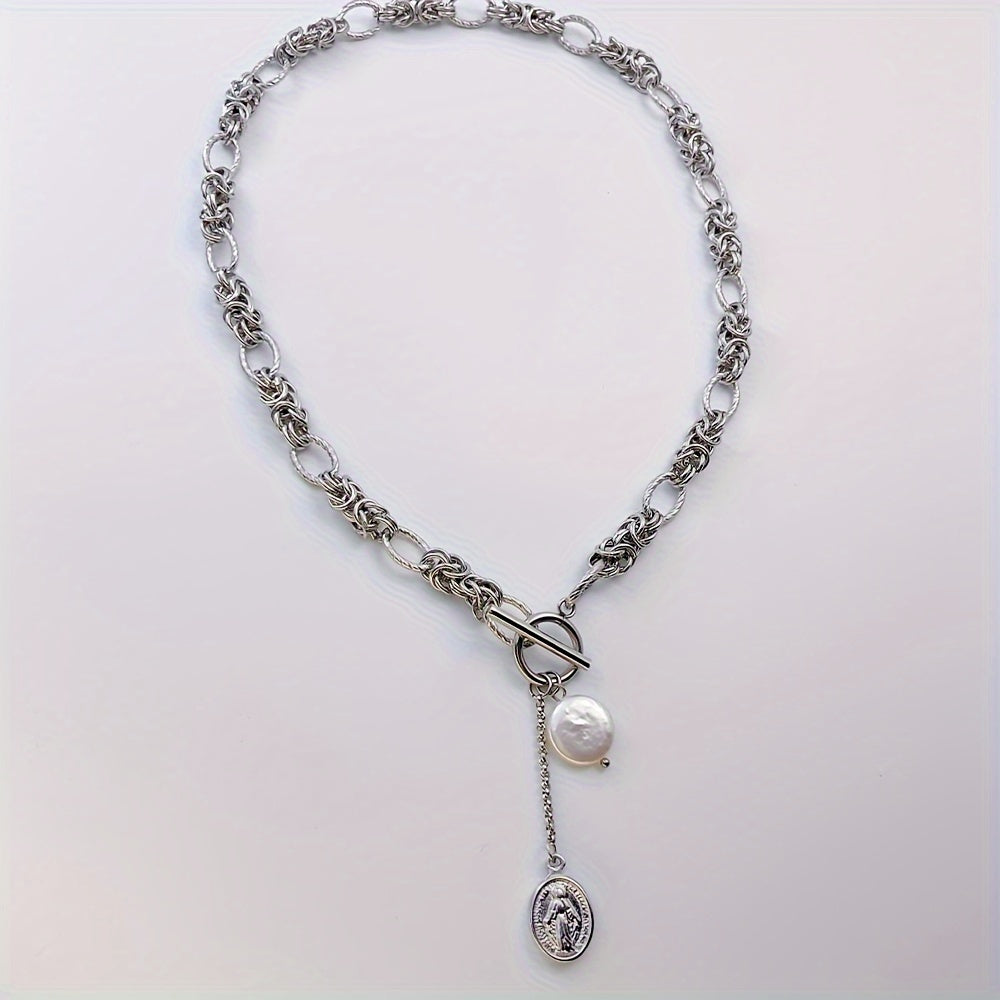 Exquisite Baroque Freshwater Pearl Stainless Steel Necklace with Oval Virgin Mary Pendant