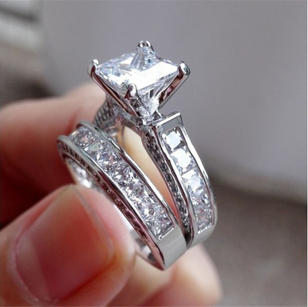 Silver Princess Cut CZ Anniversary, Promise, Wedding, Engagement Ring Set