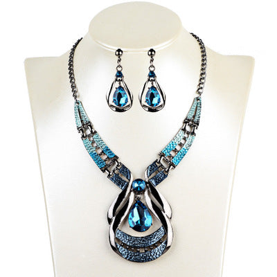 European and American jewelry set, blue jeweled necklace, water drop suit earrings