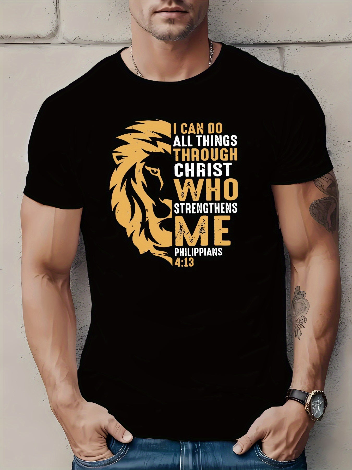 A Geometric Lion Patterned Polyester Men's T-shirt With Philippians Bible Verses