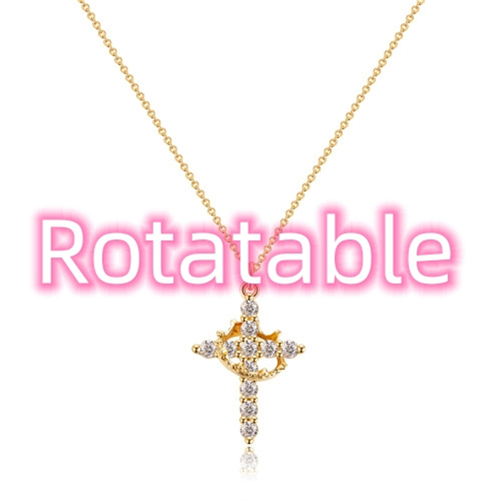 Cross Full Diamond Crown Rotatable Necklace