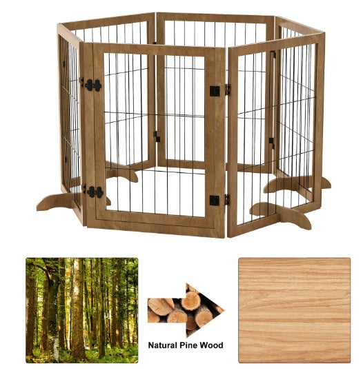 Dog Gate With Door Walk Through 144 Extra Wide 32 Tall 6 Panels Foldable Wire Pet Gate Barrier For House Doorway Stairs Pet Puppy Safety Fence Support Feet Included Solid Hard Wood