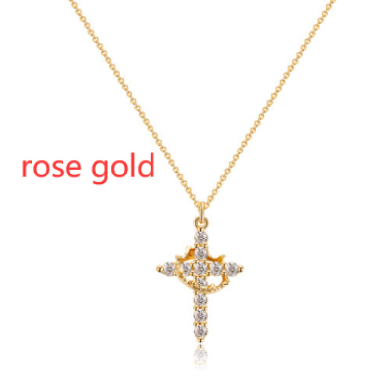 Cross Full Diamond Crown Rotatable Necklace