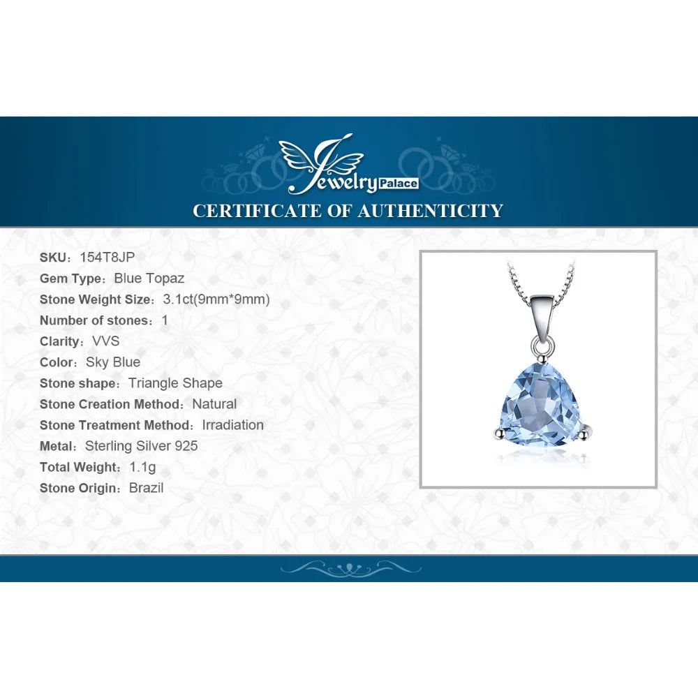 JewelryPalace 3.1ct Natural Blue Topaz 925 Sterling Silver Pendant Necklace for Woman Gemstone Statement Jewelry Without Chain