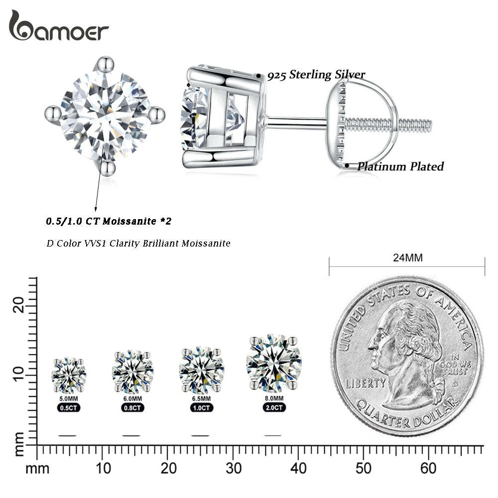 BAMOER Moissanite Earrings for Women Solid 925 Sterling Silver Heart Prong 2CTW D VVS1 Lab Diamonds Sparkling Wedding Jewelry