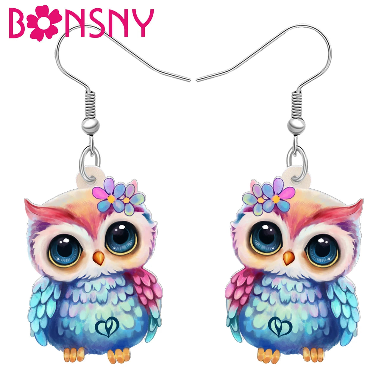 BONSNY Acrylic Chubby Big Eyes Owl Earrings Cute Bird Drop Dangle Trendy Gifts Accessories For Women Girls Kids