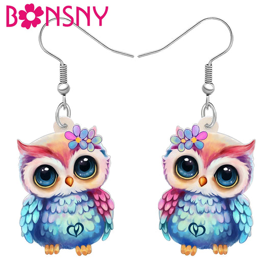 BONSNY Acrylic Chubby Big Eyes Owl Earrings Cute Bird Drop Dangle Trendy Gifts Accessories For Women Girls Kids