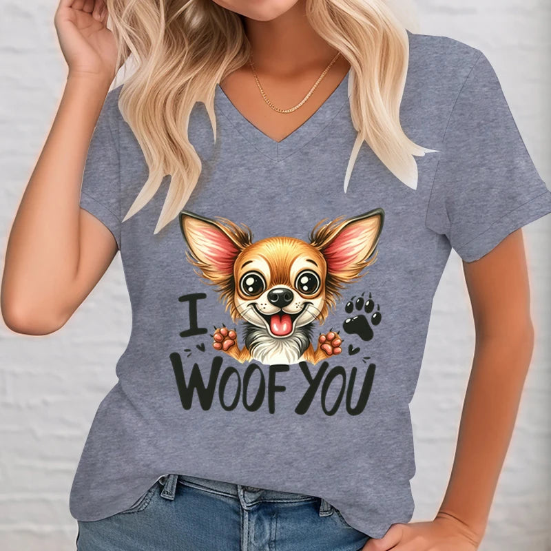 I Woof You Graphic Tees Women Funny Chihuahua Paw Short Sleeve Tops Female V-Neck Dog Lover Gift Tshirt Cartoon Trend T-Shirts