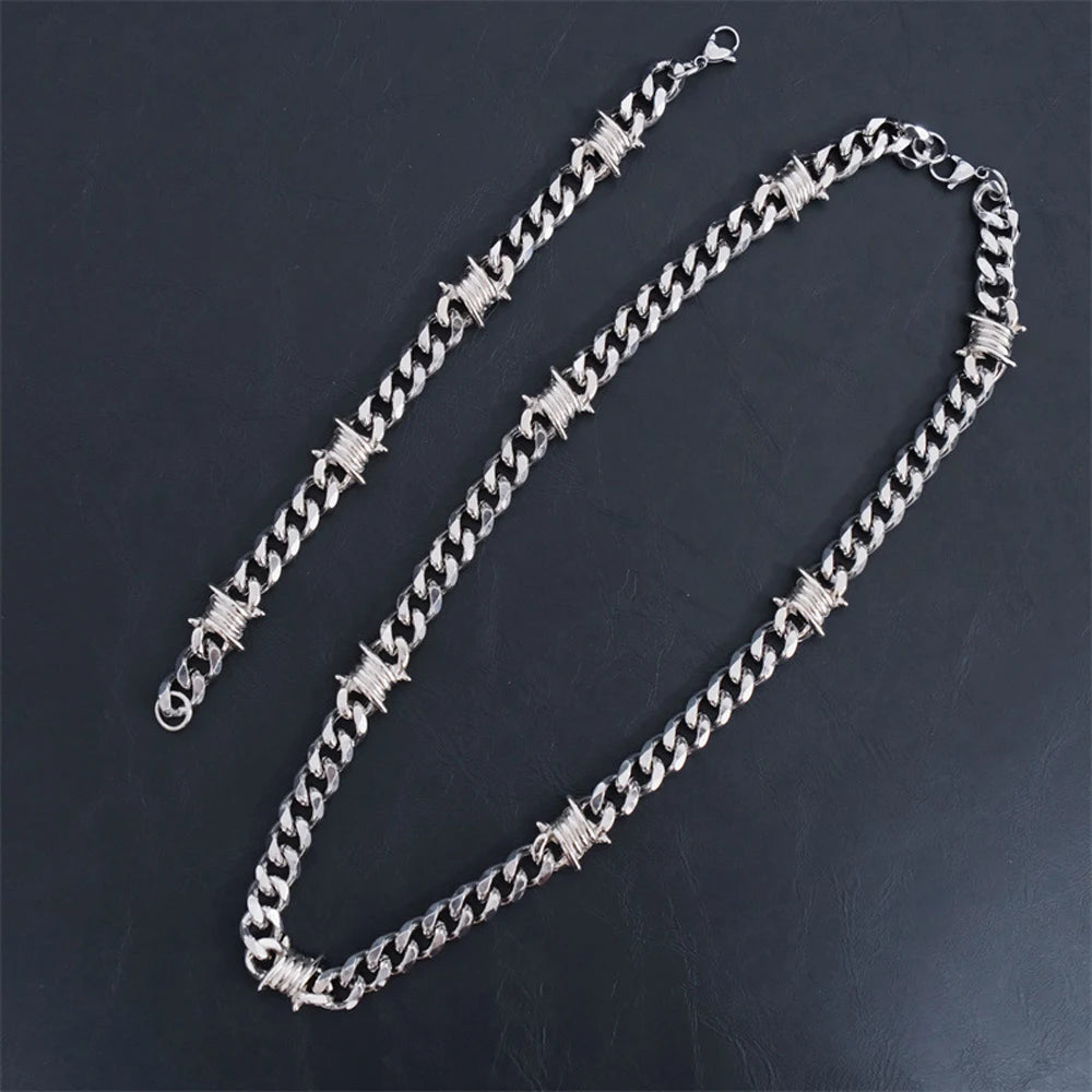 Barbed Wire Cuban Hiphop Bracelet Necklace for Women Men Stainless Steel Neo-Gothic Thorns Choker Necklace Bracelet Punk Jewelry