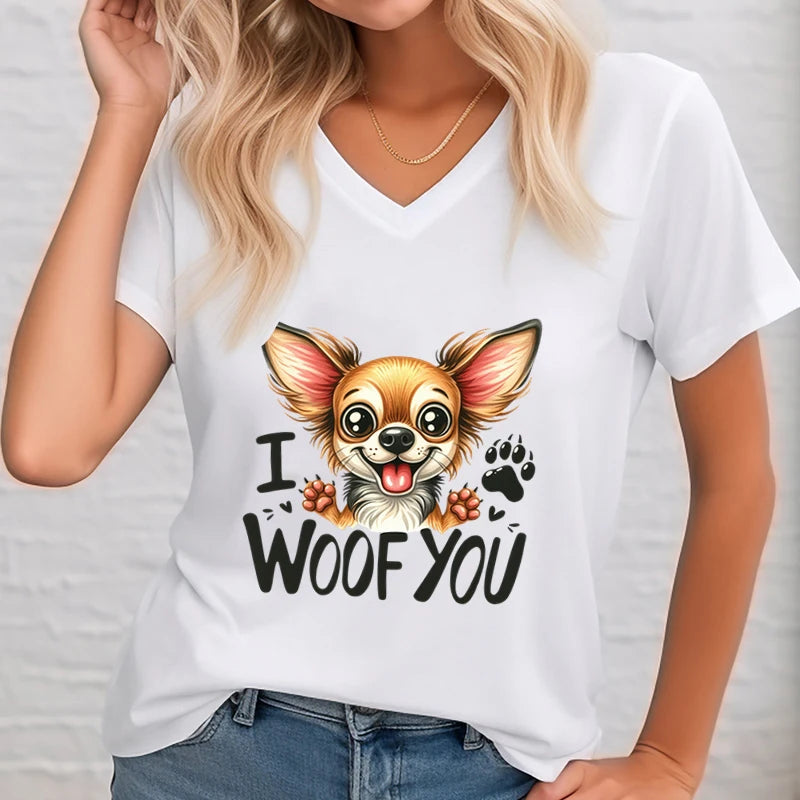 I Woof You Graphic Tees Women Funny Chihuahua Paw Short Sleeve Tops Female V-Neck Dog Lover Gift Tshirt Cartoon Trend T-Shirts