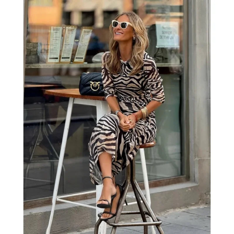 2023 New Women's Zebra Pattern Velvet Stretch Slim Dress Women Round-Neck High Waist Dress