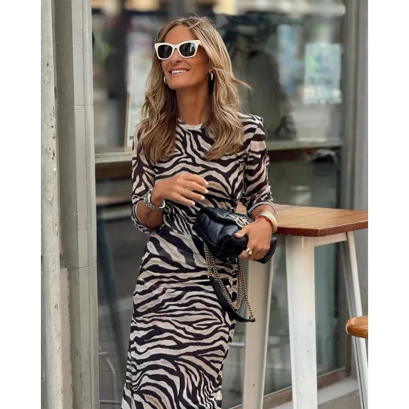 2023 New Women's Zebra Pattern Velvet Stretch Slim Dress Women Round-Neck High Waist Dress