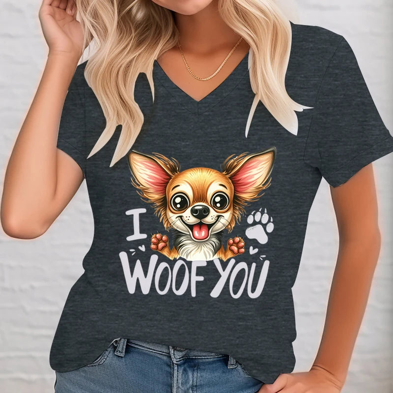 I Woof You Graphic Tees Women Funny Chihuahua Paw Short Sleeve Tops Female V-Neck Dog Lover Gift Tshirt Cartoon Trend T-Shirts