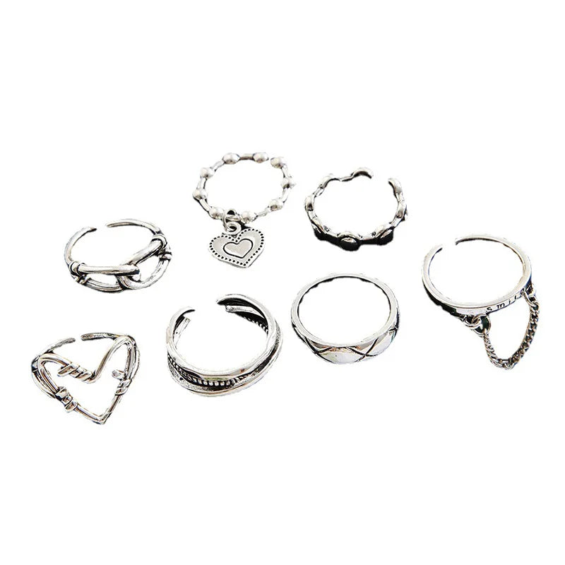 7Pcs/set Women Ring Set Silver Color Retro Geometric Chain Love Heart Rings Hip Hop Jewelry Party Personality Accessories