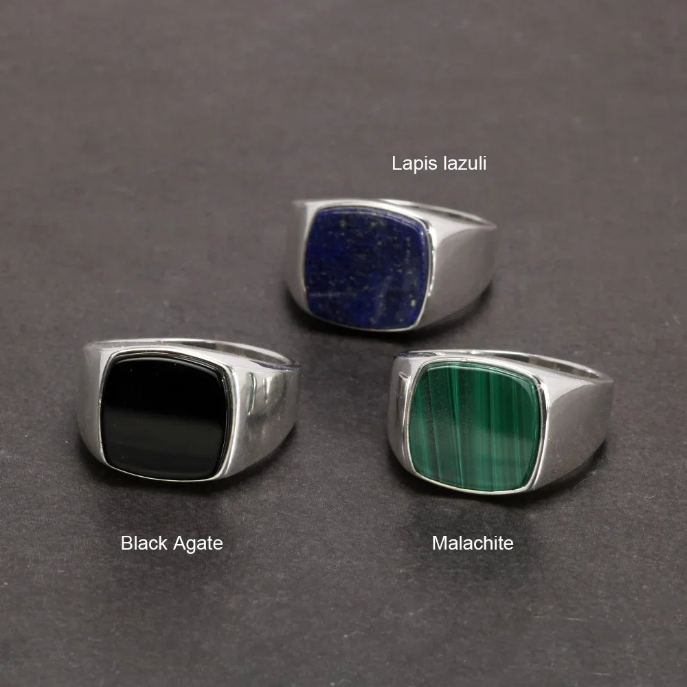 Genuine 925 Sterling Silver Men Rings with Natural Agate Malachite Lapis Square Stone Minimalist Rings Male Jewelry