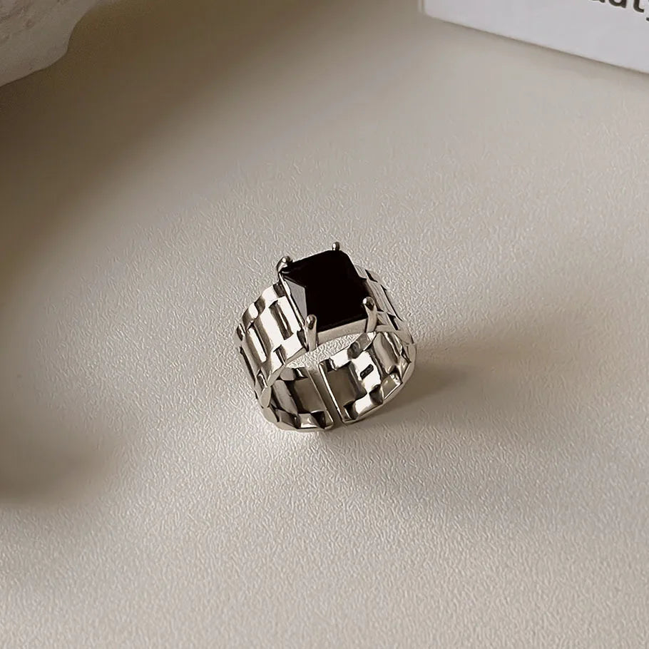 BFCLUB  Silver Color Simple Black Punk Rings For Women Geometric Fashion Open Adjustable Handmade Party Jewelry