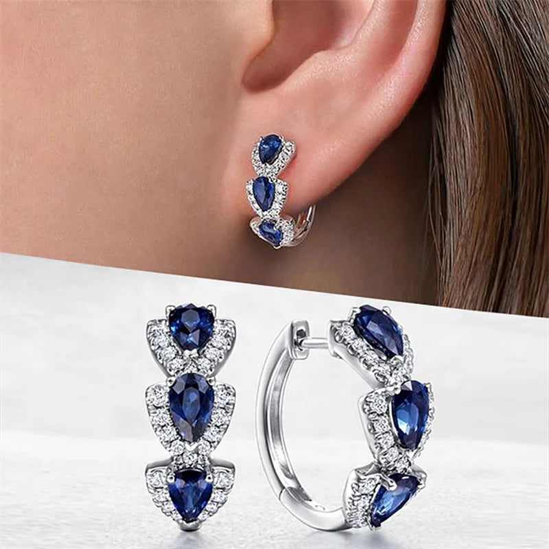 Huitan Fashion Pear Blue CZ Earrings for Women Silver Color Circle Hoop