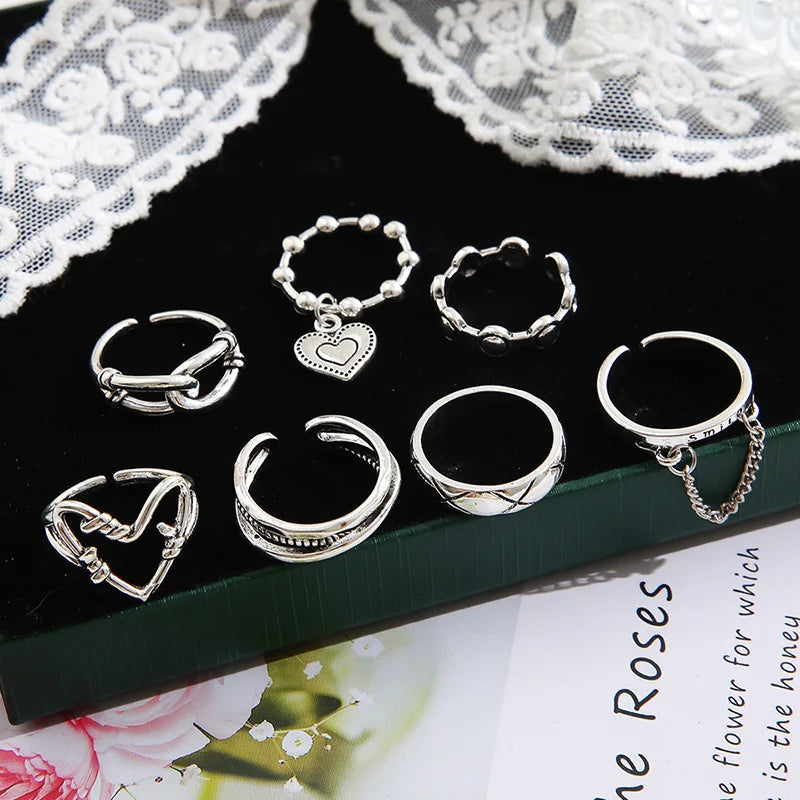 7Pcs/set Women Ring Set Silver Color Retro Geometric Chain Love Heart Rings Hip Hop Jewelry Party Personality Accessories