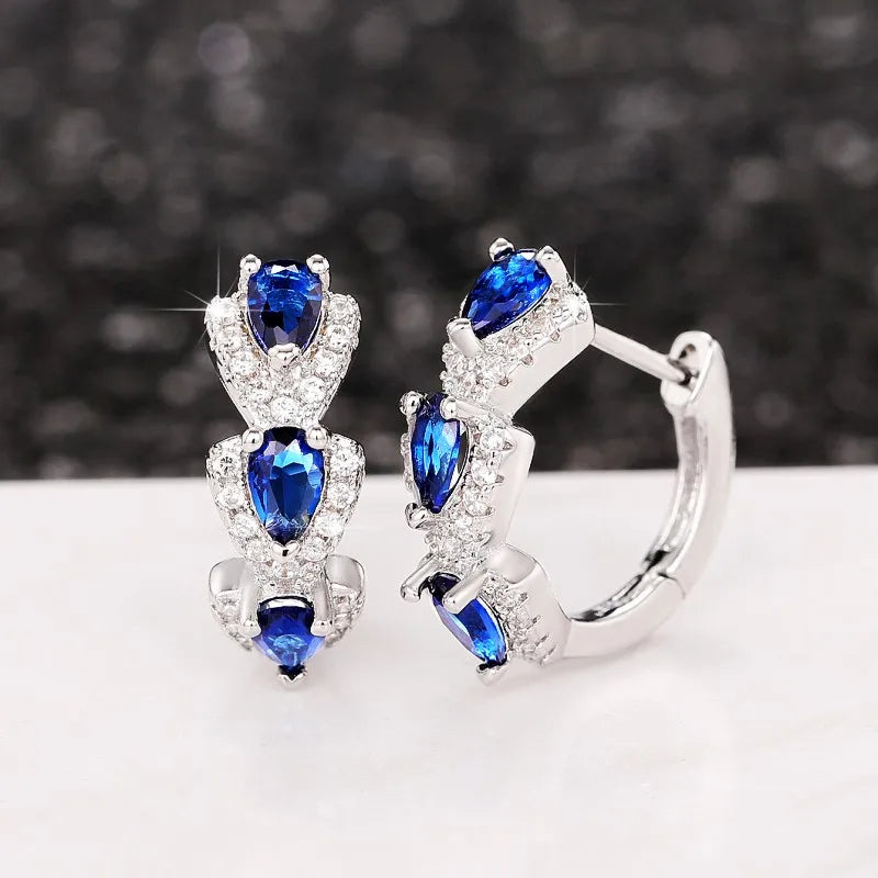 Huitan Fashion Pear Blue CZ Earrings for Women Silver Color Circle Hoop