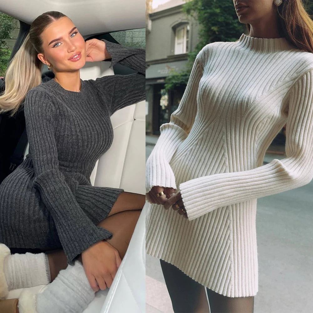 Aoaiiys White Dress for Women Knitted Dresses Long Sleeve O-Neck Autumn Winter Warm Dresses High Waist Slim Fashion Mini Dress