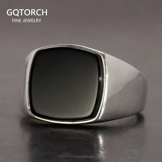 Genuine 925 Sterling Silver Men Rings with Natural Agate Malachite Lapis Square Stone Minimalist Rings Male Jewelry