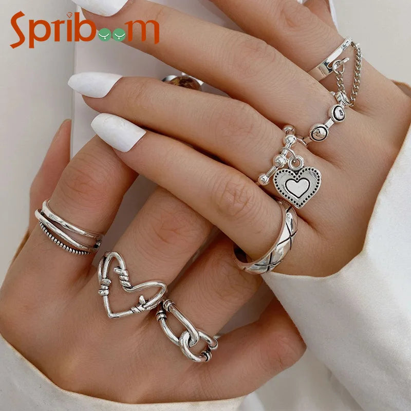 7Pcs/set Women Ring Set Silver Color Retro Geometric Chain Love Heart Rings Hip Hop Jewelry Party Personality Accessories