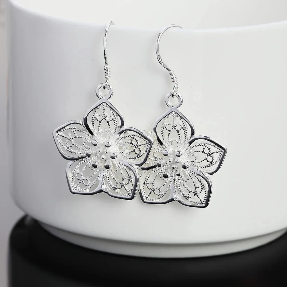 Hot High Quality Retro Pretty Flowers 925 Sterling Silver Earrings for women Fashion luxury party wedding Jewelry fine gifts