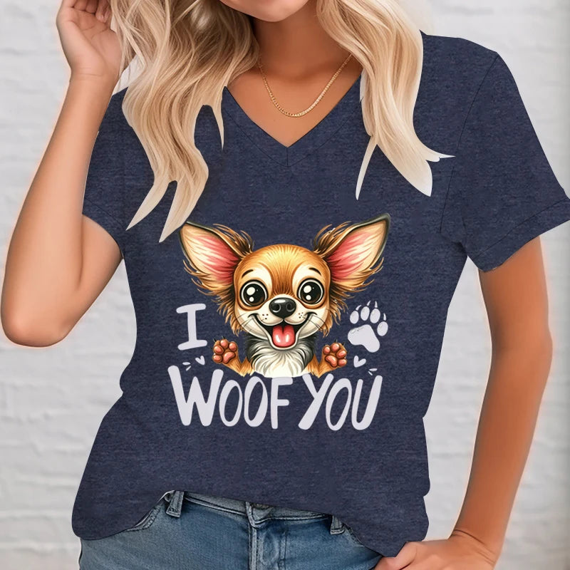 I Woof You Graphic Tees Women Funny Chihuahua Paw Short Sleeve Tops Female V-Neck Dog Lover Gift Tshirt Cartoon Trend T-Shirts