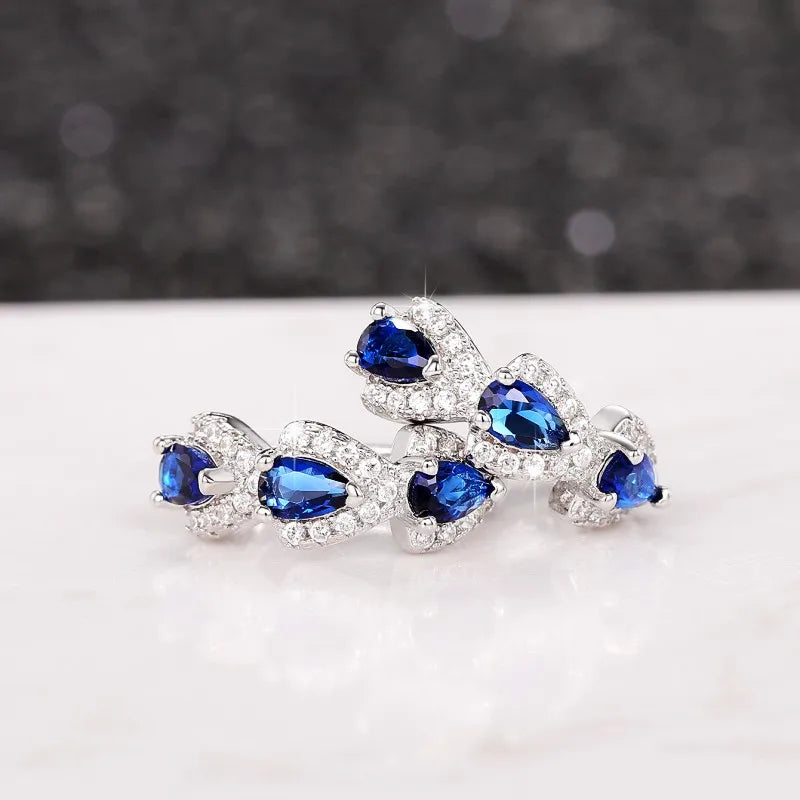 Huitan Fashion Pear Blue CZ Earrings for Women Silver Color Circle Hoop