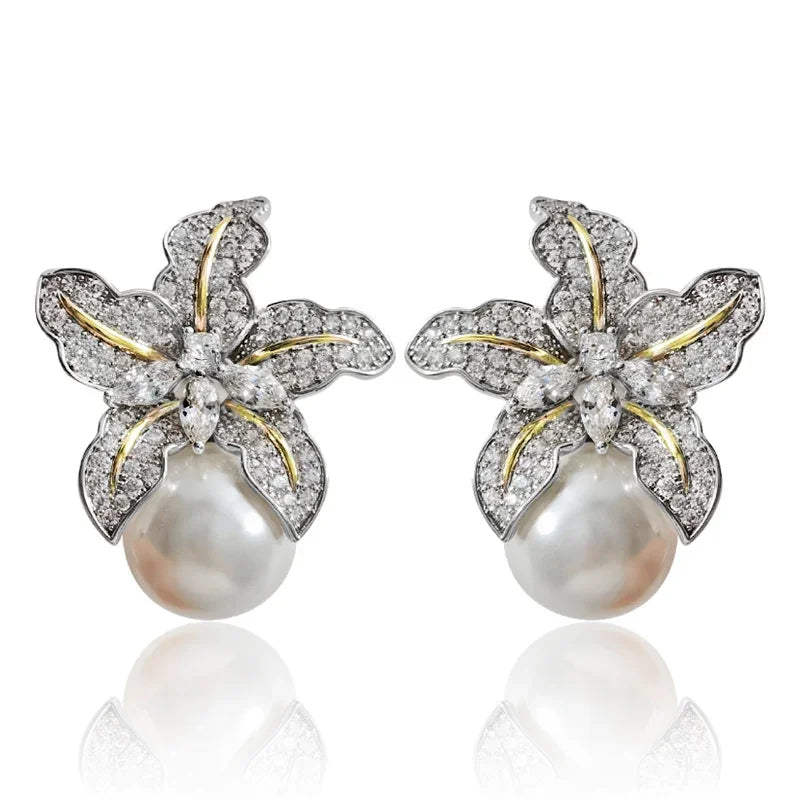 Gorgeous Flower Imitation Pearl Earrings Women Luxury Inlaid Sparkling CZ Stone Fashion Wedding Jewelry