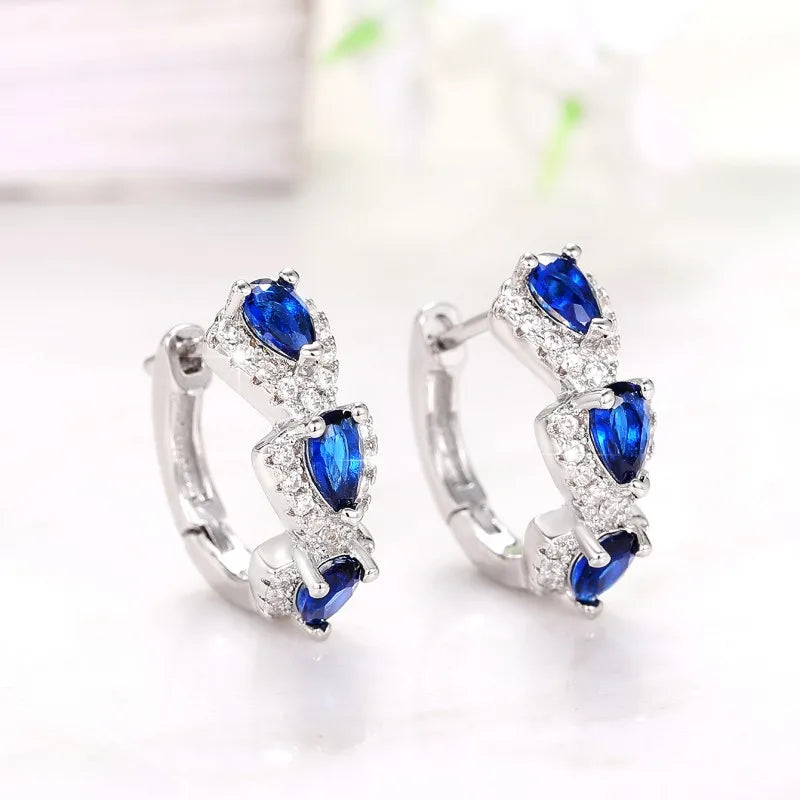 Huitan Fashion Pear Blue CZ Earrings for Women Silver Color Circle Hoop