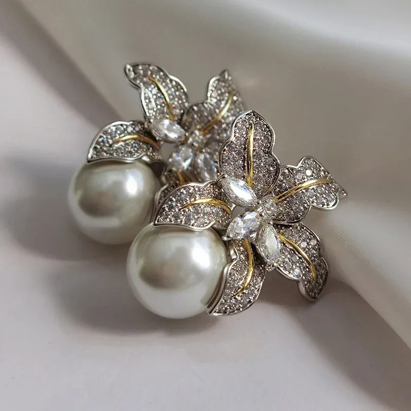 Gorgeous Flower Imitation Pearl Earrings Women Luxury Inlaid Sparkling CZ Stone Fashion Wedding Jewelry