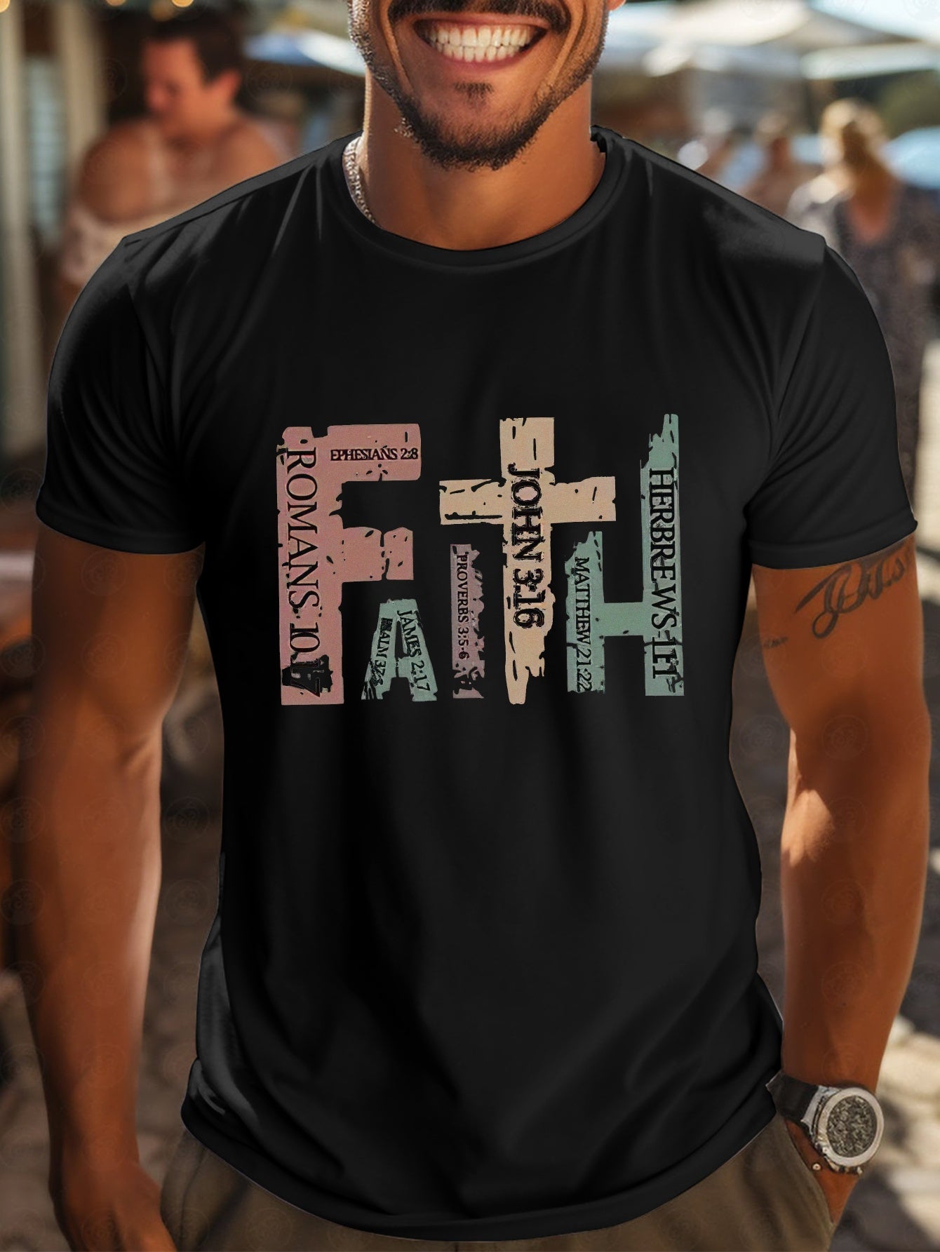 Men's Casual Round Neck T-shirt With Inspirational Bible Scripture Print, Regular Style Short Sleeved Knitted Fabric Top, Suitable For Summer Outings