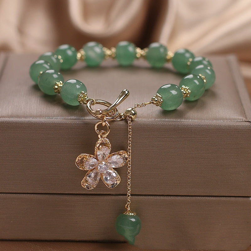 Natural Green Strawberry Quartz Women's Crystal Flowers Pendant Tassel Bracelet