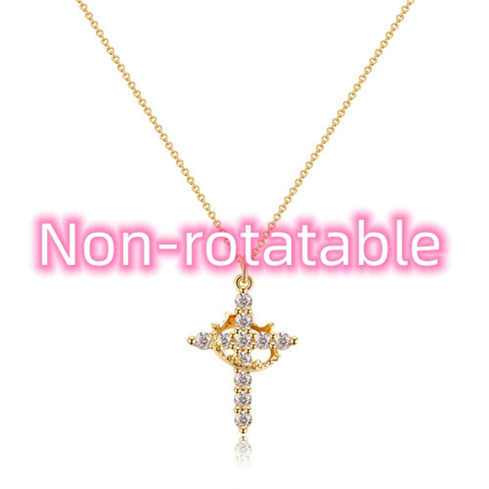 Cross Full Diamond Crown Rotatable Necklace