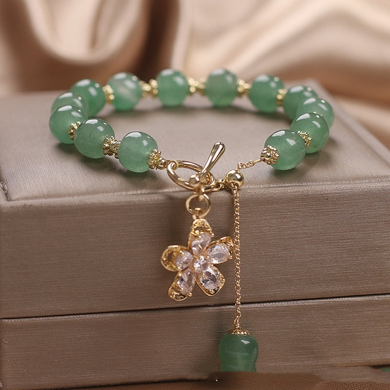 Natural Green Strawberry Quartz Women's Crystal Flowers Pendant Tassel Bracelet