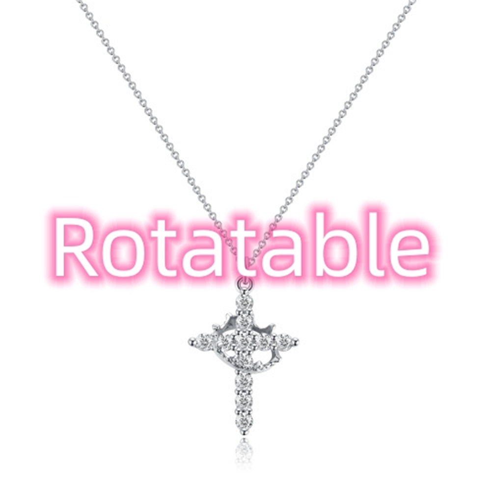 Cross Full Diamond Crown Rotatable Necklace