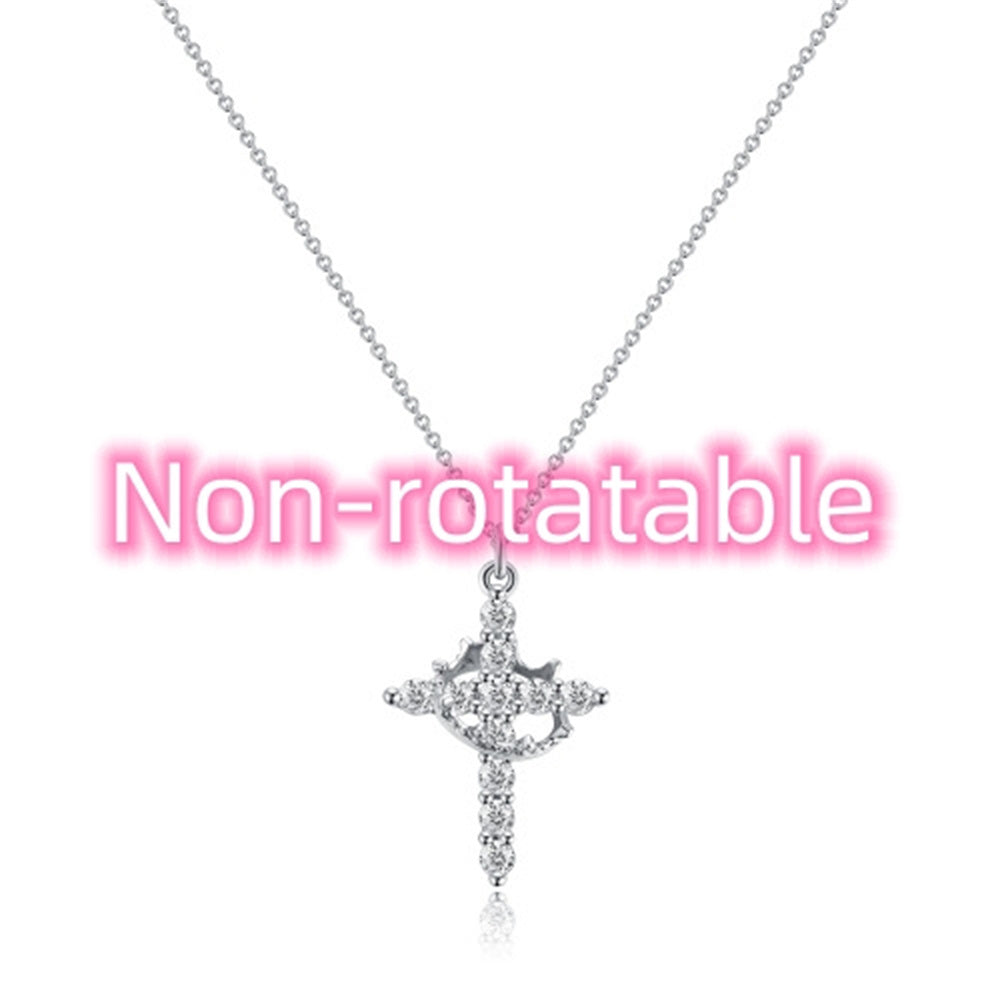 Cross Full Diamond Crown Rotatable Necklace